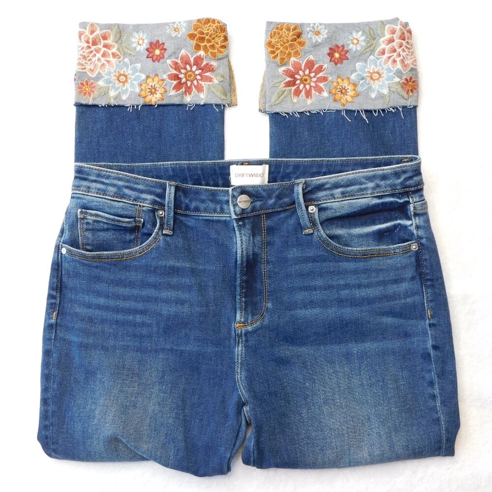 DRIFTWOOD Colette Denim Embroidered Floral Cuffed Cropped Straight Leg | 31